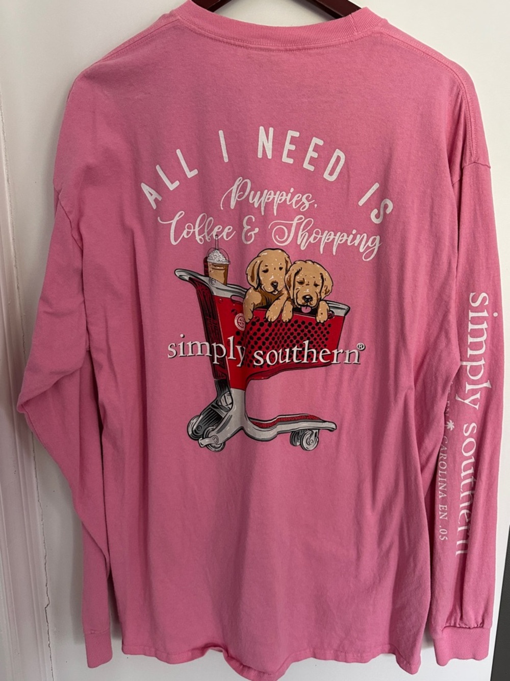 Simply Southern Pink Long Sleeve Tee with Puppies in Shopping Cart Graphic